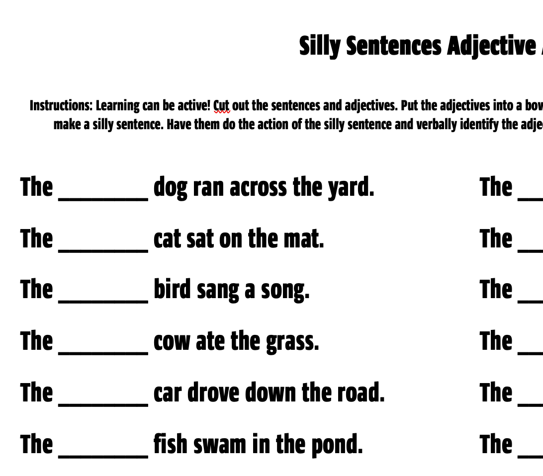 Silly Sentences Adjective Activity